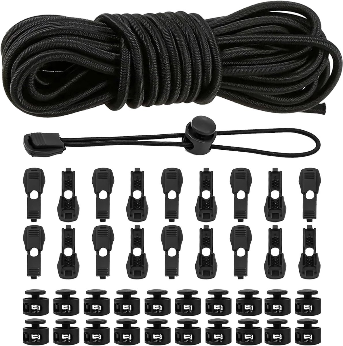 Rubberkoord 10 m - Zwart 3 mm - Met 30 clips en 40 klemmen - Ideaal voor DIY-projecten - ShopVlot