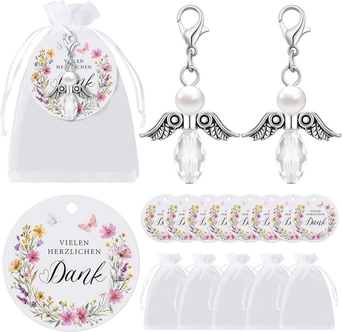 Set van 30 beschermengel sleutelhangers - organza zakjes - kaartjes bedankjes - perfect voor communie en bruiloft - ShopVlot