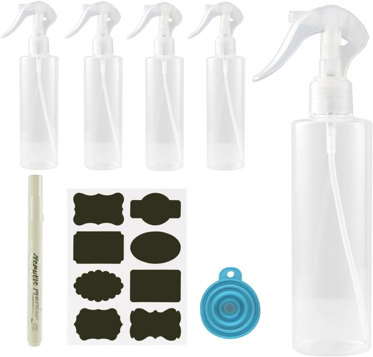 Sprayflessen 200 ml - 5 stuks - Atomizer - Inclusief vulhulp en stickers - ShopVlot