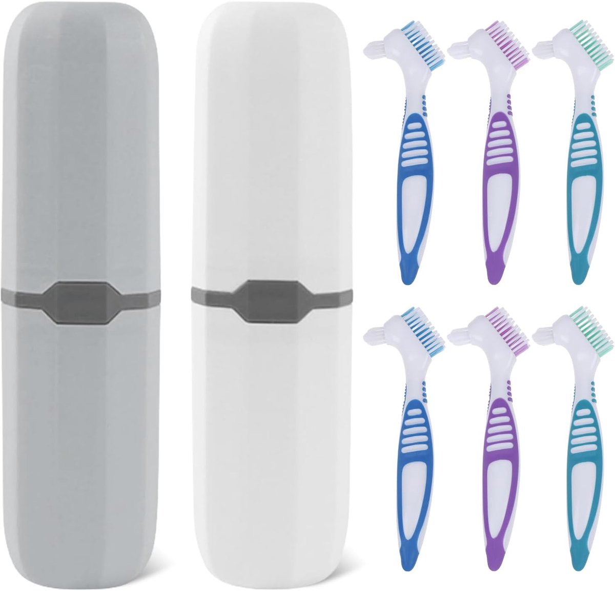 Denture cleaning brushes set van 6 - hard borstel met dubbele functie - met 2 opbergcompartimenten - ShopVlot