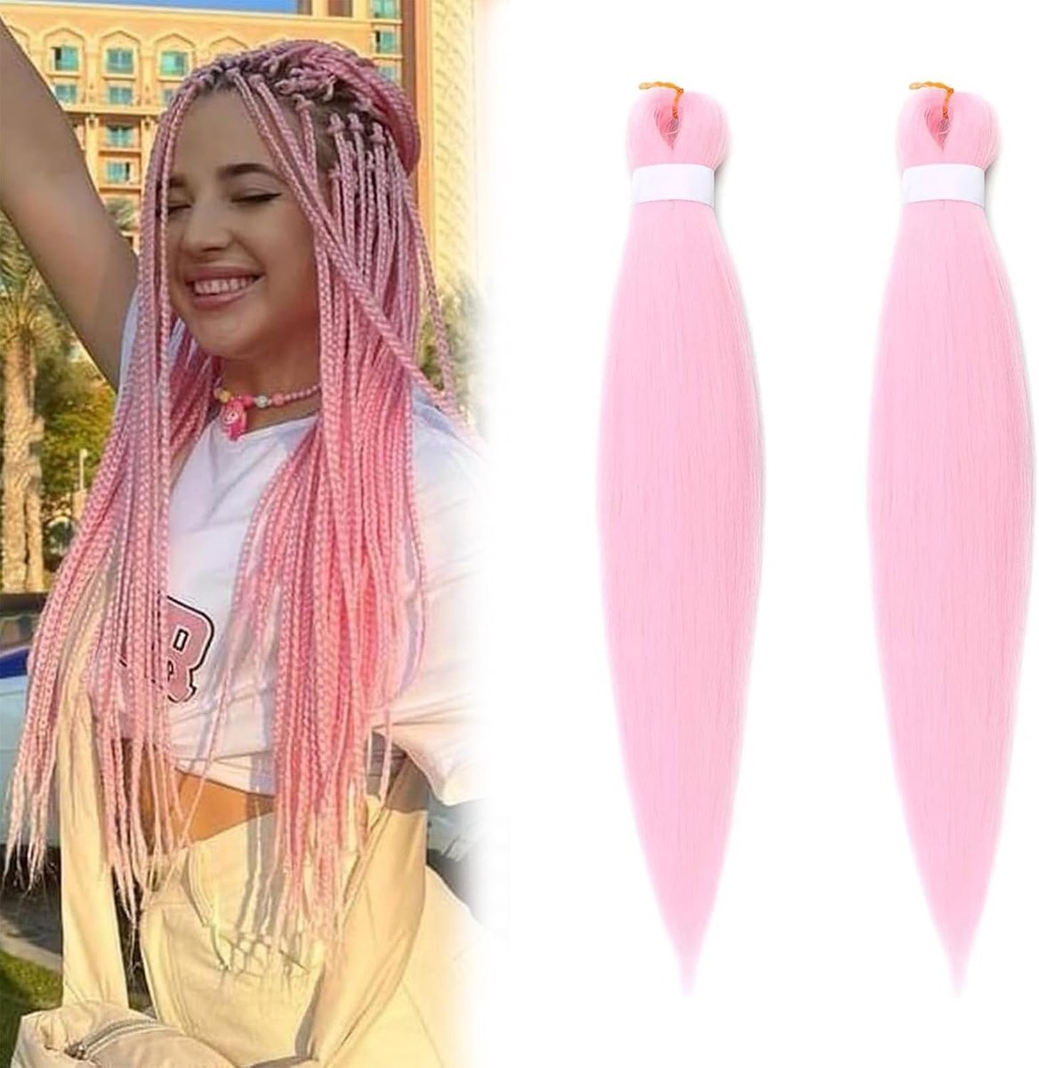 SnelShoppen - 26 Inch Roze Perook Kpop Cosplay Haarstuk met Vlechten - Synthetische Haarverlengingen voor Rollenspel Kostuum Feest (2 Stuks)