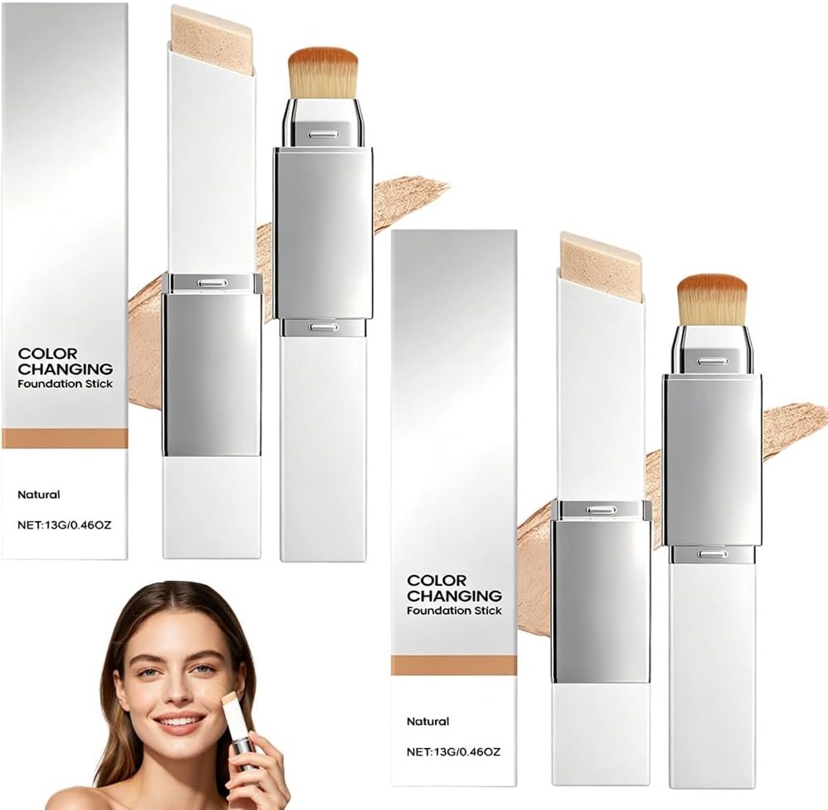 Foundationstick met kwast - kleurveranderend - 2-in-1 make-up - natuurlijke dekking - ShopVlot