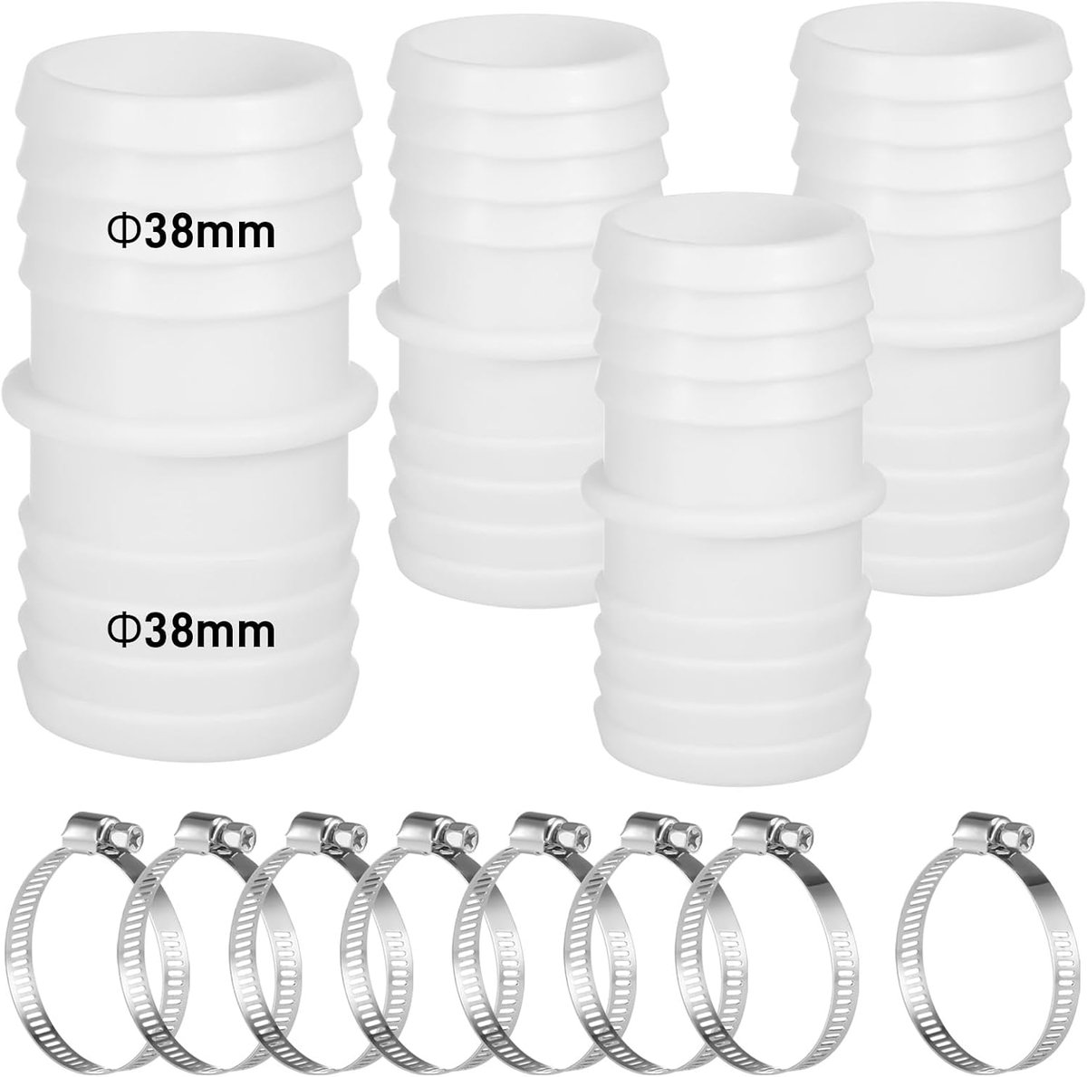 SnelShoppen - 4 Stuks Zwembad Slangverbinders 38mm Universele Adapter met 8 RVS Slangklemmen - Tuin, Vijver, Aquarium, Zwembad