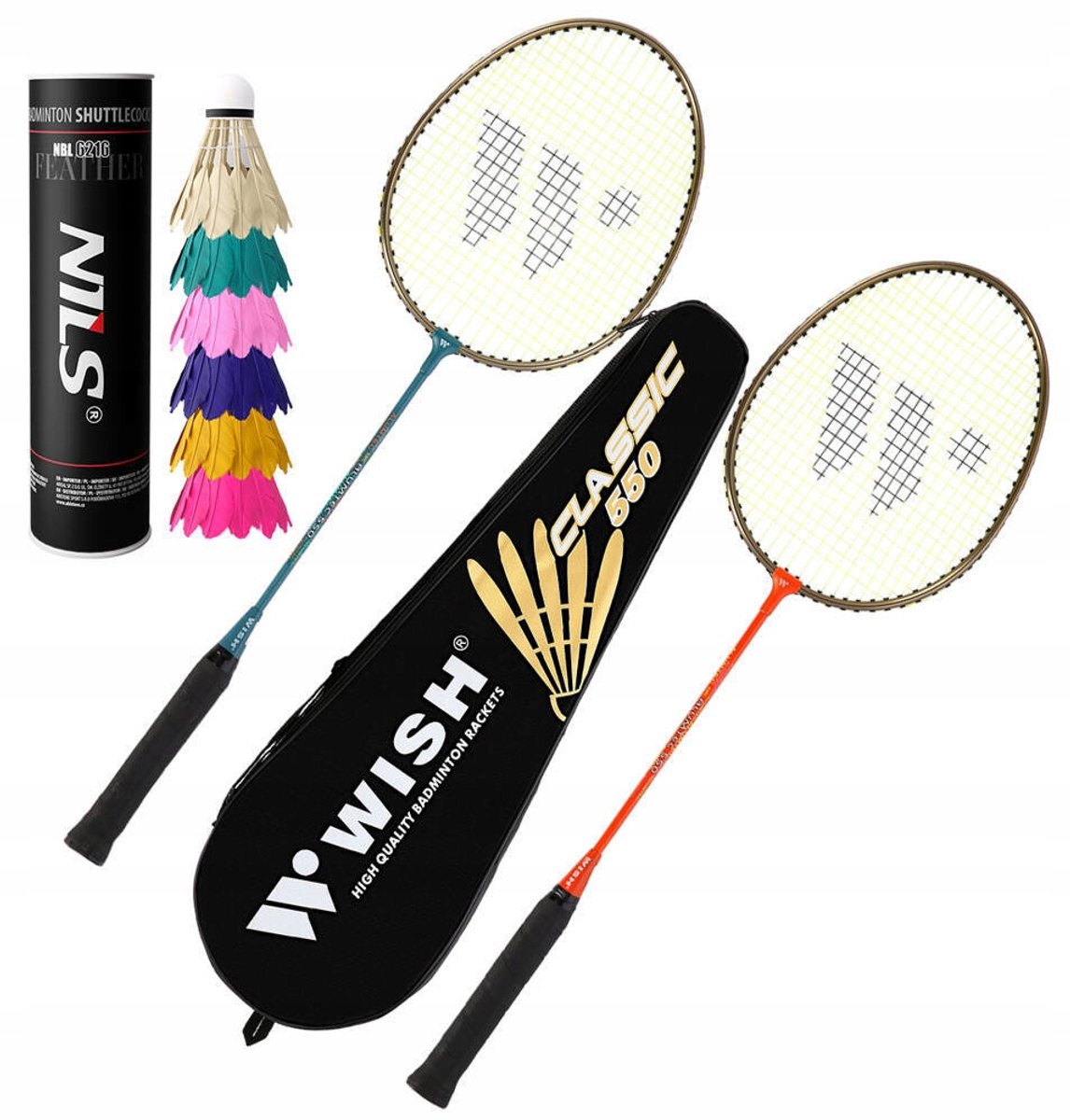 Badmintonset: 2 rackets, 6 veren shuttles en hoes