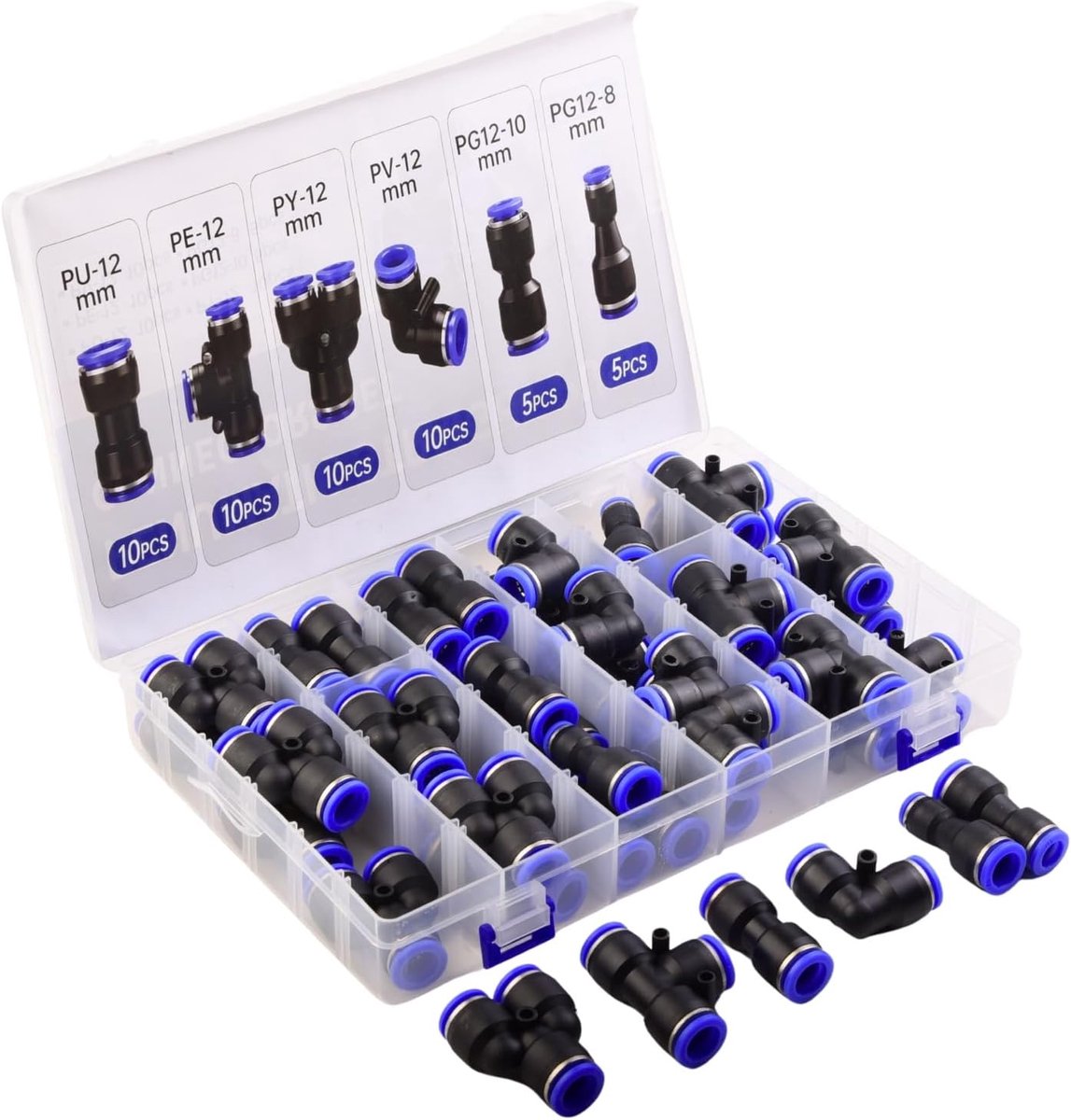 Pneumatische push-in connectoren 12mm - Set van 50 snelkoppelingen - Corrosiebestendig kunststof - ShopVlot