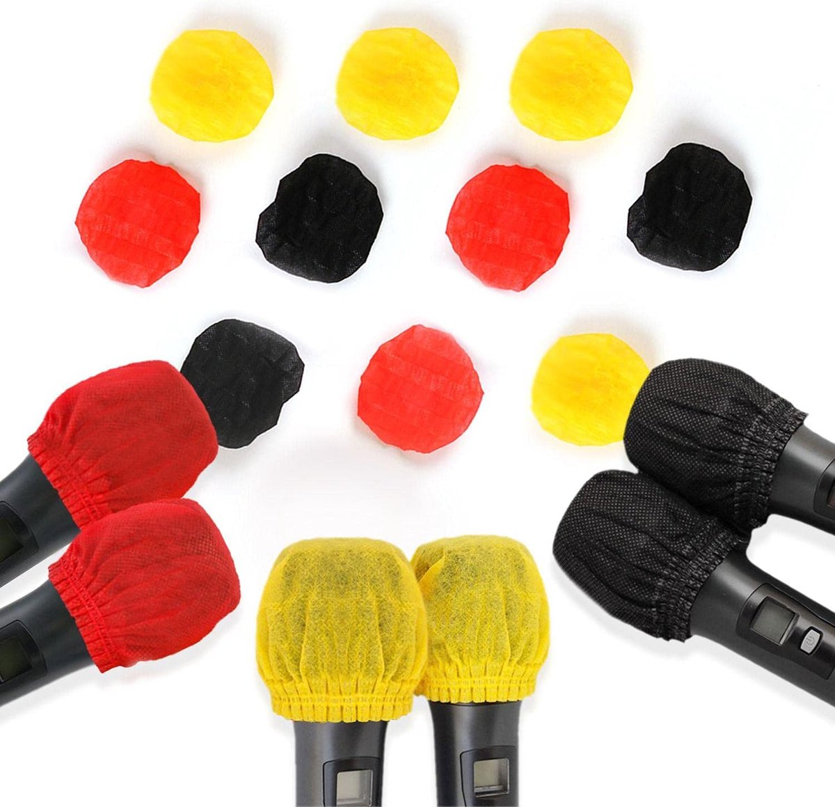 Microfoonhoezen set van 100 - 50 zwart, 25 rood, 25 geel - antibacterieel materiaal - ideaal voor karaoke en concerten - ShopVlot