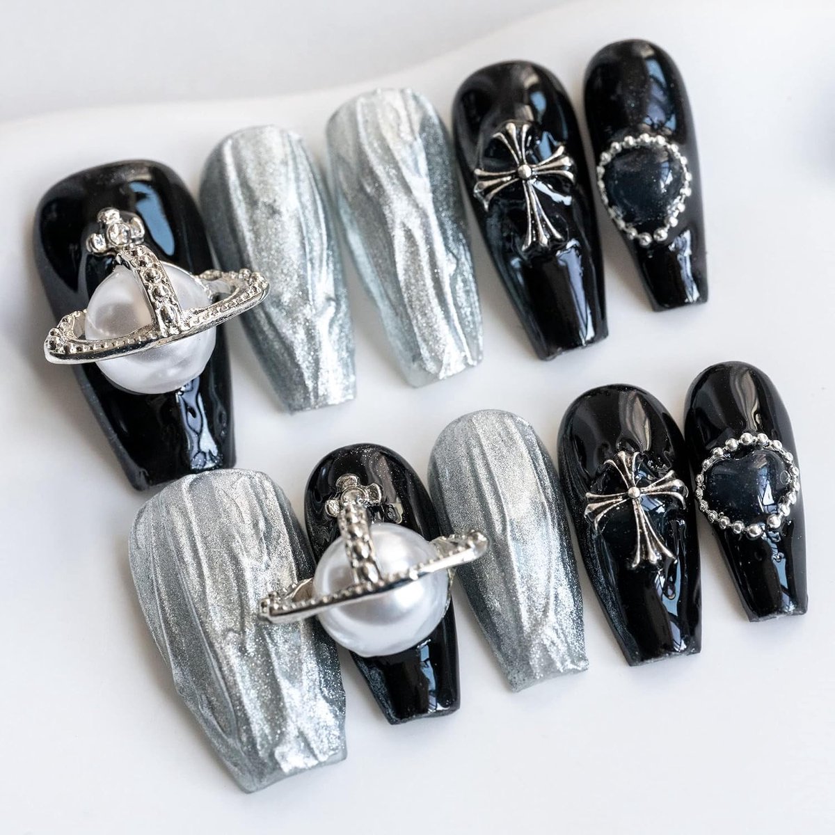 Valse nagels lange coffin ballerina zwart - handgemaakt - schattig 3D parel ontwerp - perfect voor een stijlvolle look - ShopVlot