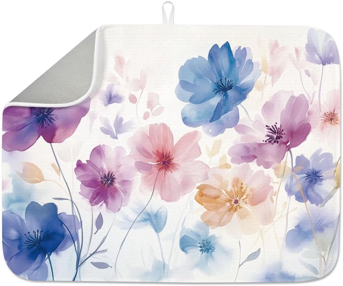 Afwasmat 45 x 51 cm - Watercolor bloemen - Absorberend - Houdt aanrecht schoon - ShopVlot
