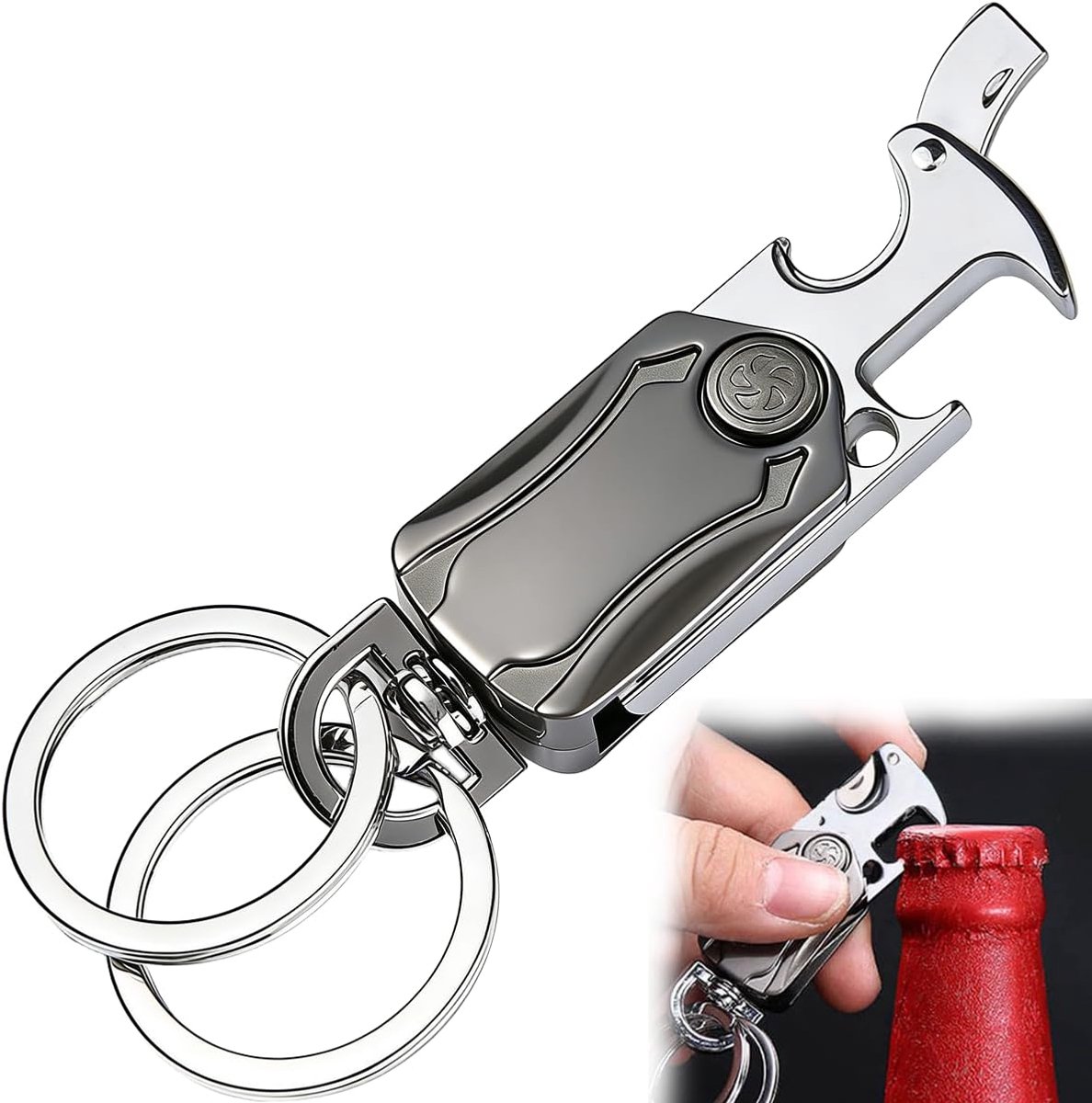 Multifunctionele sleutelhanger met flesopener - zilver/zwart - met mini-blade en anti-stress functie - ShopVlot