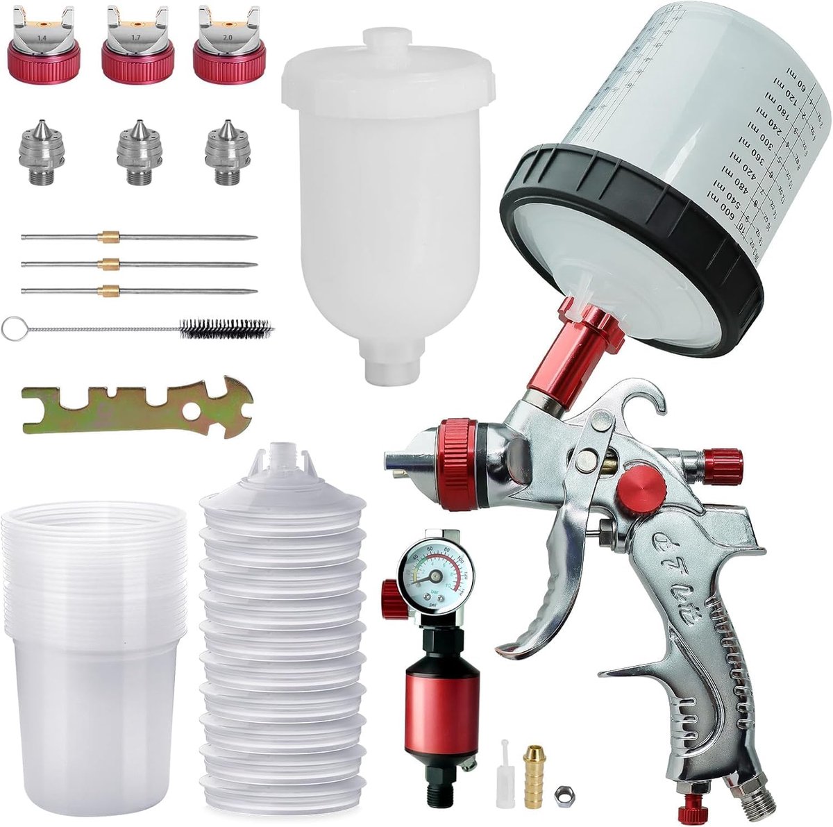 HVLP verfspuitpistool - 3 spuitmonden 1.4 mm, 1.7 mm, 2 mm - 10 wegwerpbekers 600 ml - ShopVlot