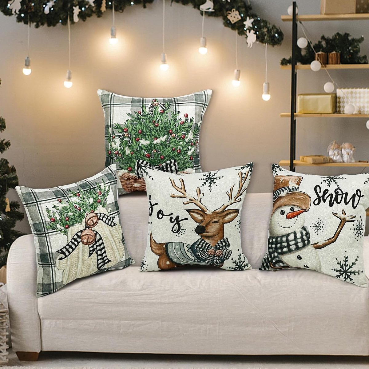 Kussenhoezen 45 x 45 cm - Imitatie linnen - Grijs en wit geruit - Feestelijke kerstdecoratie - ShopVlot