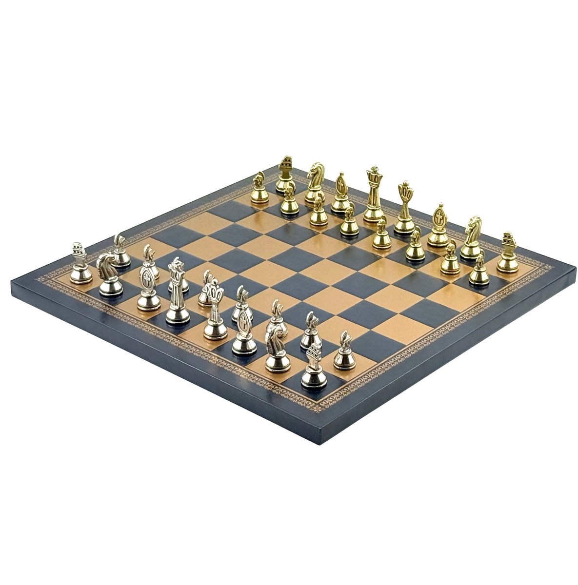 Merkloos Metalen Romeinse Schakenset met Eko-Leren Bord (Goud/Blauw)