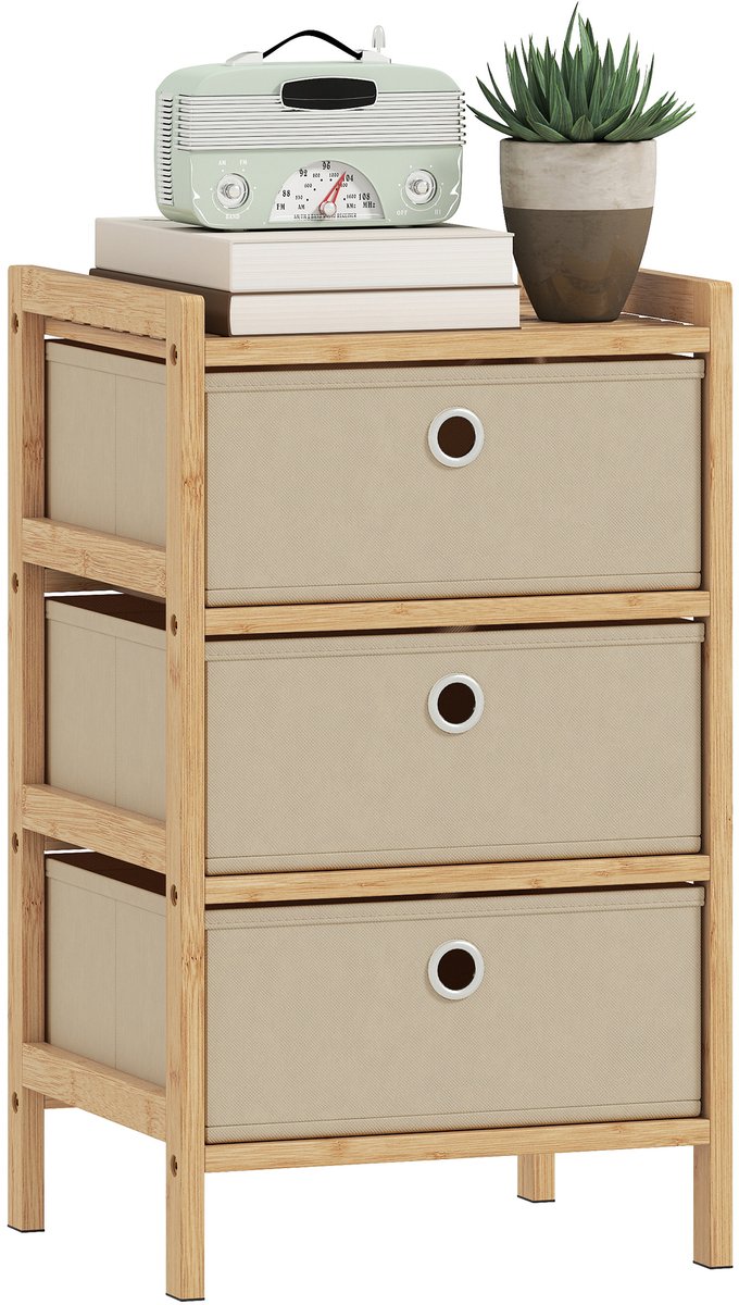Sogiol® Ladekast met 3 Stoffen Laden - Ladekasten -Bamboe Frame - Compacte Opbergkast - Nachtkastje voor Slaapkamer en Woonkamer - Crème en Naturel