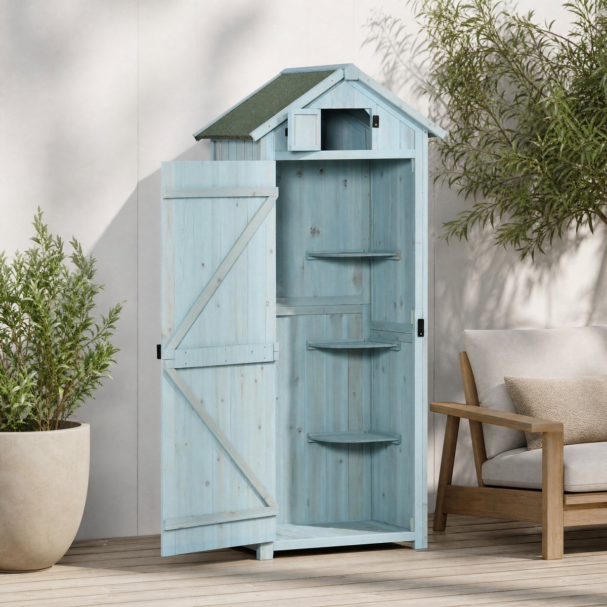 Desmiu Gereedschapsschuur Met Raam En Legplanken – 77 X 54,2 X 179 Cm – Hout – Lichtblauw En Groen – Tuin En Terras