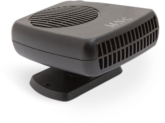 Zwarte M.N.C. auto verwarming met rooster aan de boven- en zijkant, op een zwarte voet.