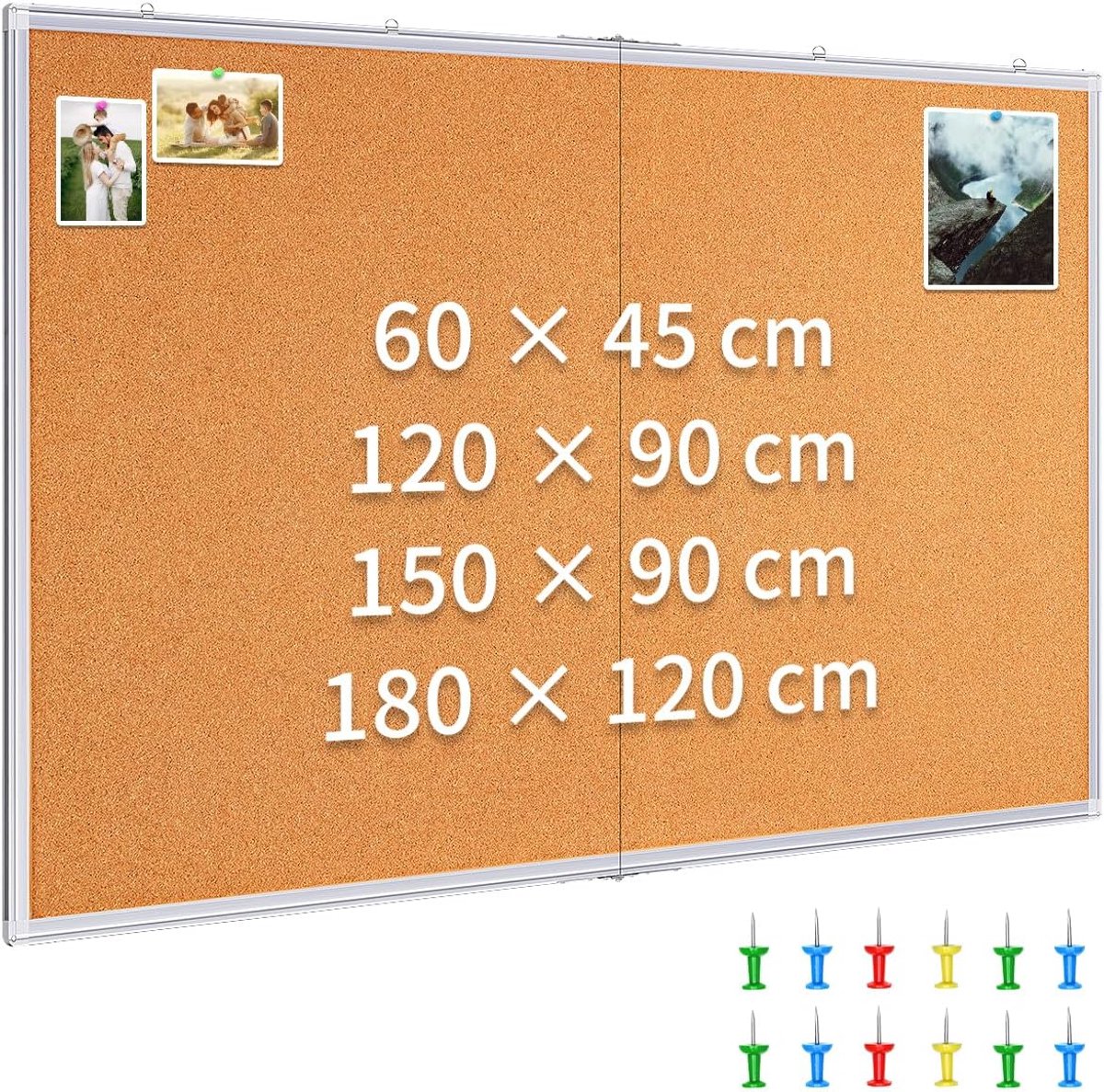 Kurkbord met 12 punaises voor muur, 180 x 120 cm dik zichtbord, prikbord voor thuis, keuken, slaapkamer, kantoor, school, aluminium frame
