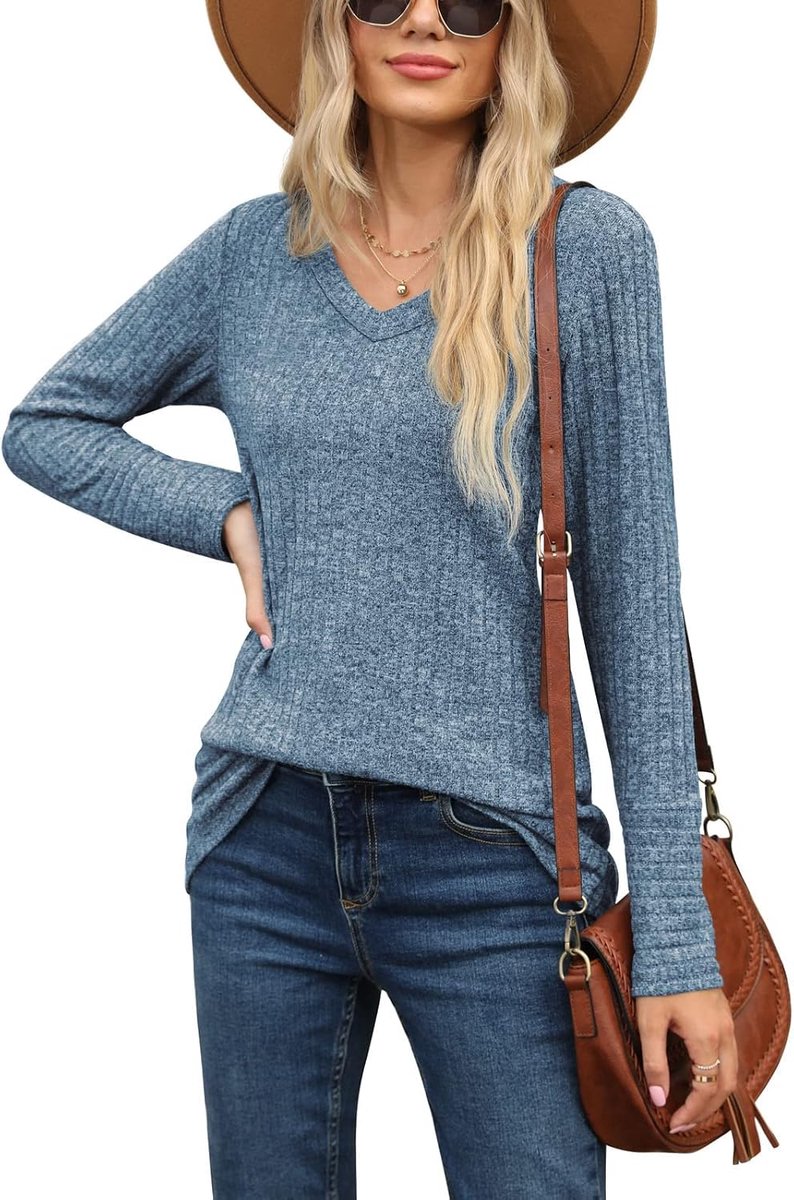 Dames shirt met lange mouwen V-hals sweatshirt casual tuniek effen trui