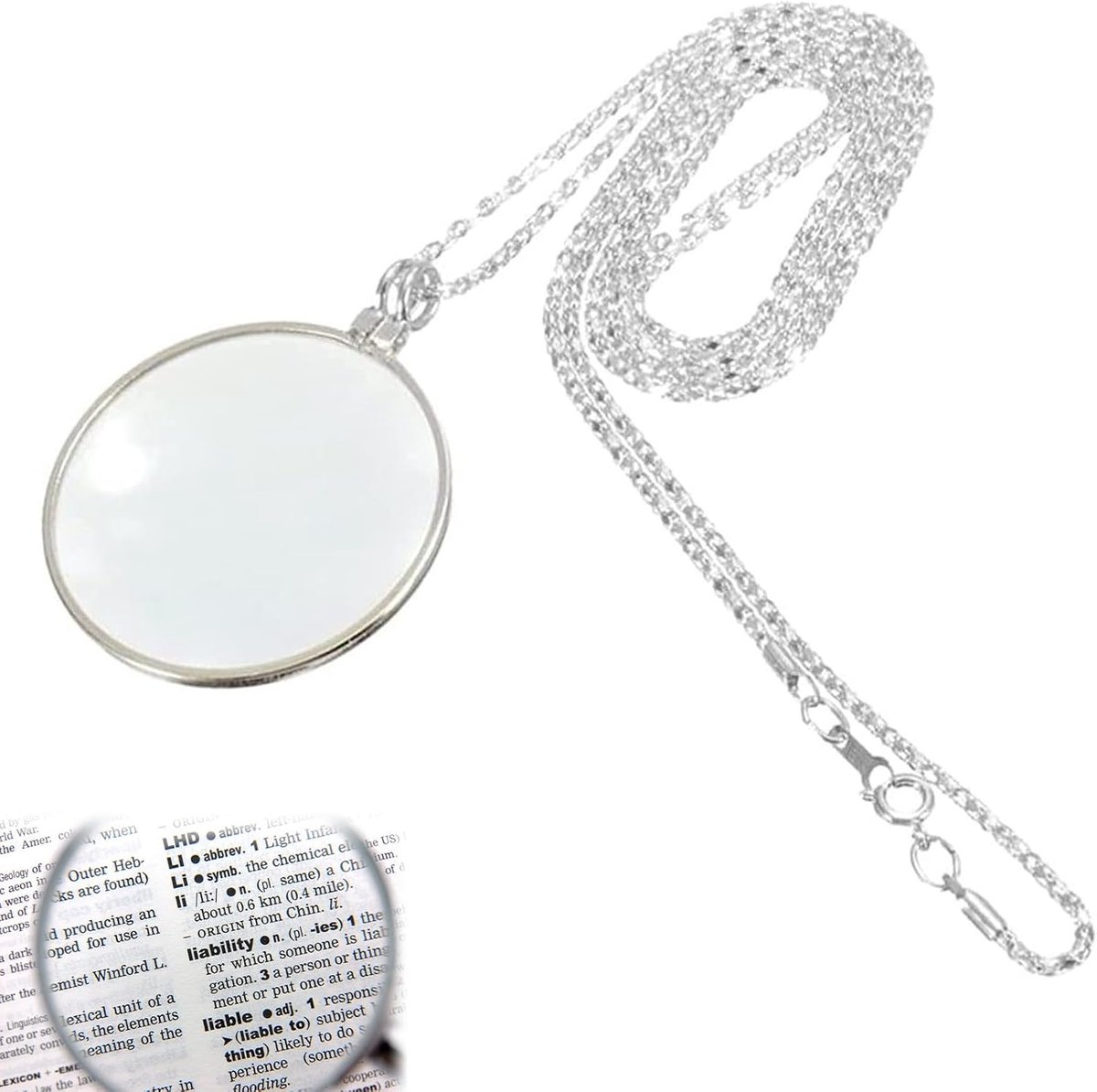Vergrootglas, vergrootglas monocule lens, halskettingen vergrootglas, leesloep, hanger vergrootglas, 5x vergrootglas monokel met loupe ketting (zilver)