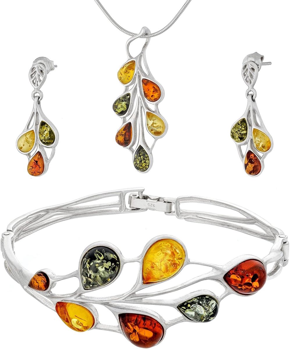 Dames Sieradenset Amber 458, Gepolijst Sterling Zilver, Gekleurde Baltische Amber, Zilveren Armband, Kettinghanger en Oorbellen