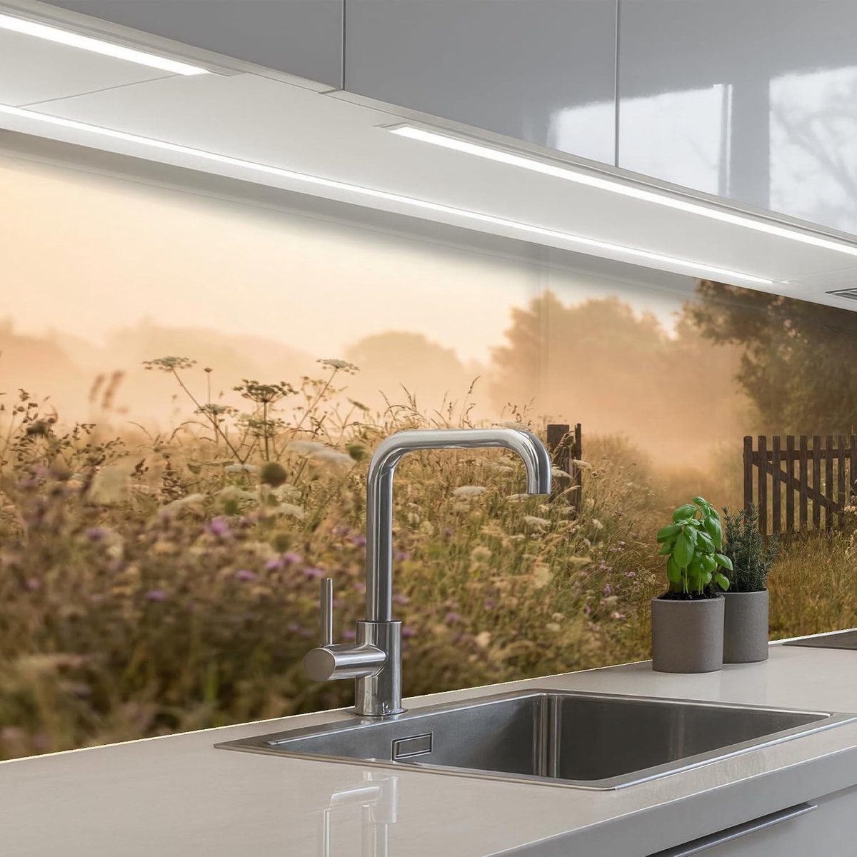 keukenachterwand 60x150 cm zelfklevend keuken decoratie accessories home kitchen spatscherm Hek - Natuur - Mist - Veld