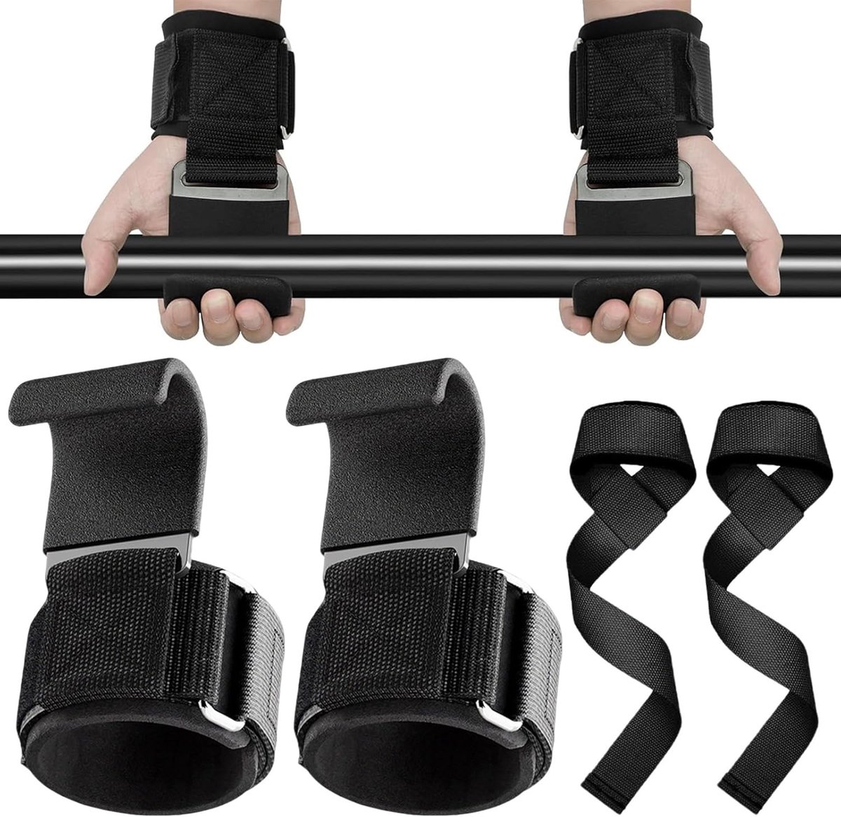 2 stuks trekhaken voor gewichtheffen, met 2 lift-straps, optrekhulpen, krachttraining voor bodybuilding, krachttraining, fitness