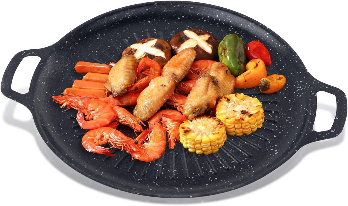 13,1 inch gietijzeren bakplaat met handgrepen, geribbelde gietijzeren grillpan, ronde bakplaat voor fornuistoppen, gasgrills, oven, koken, frituren, grillen (1 stuks)