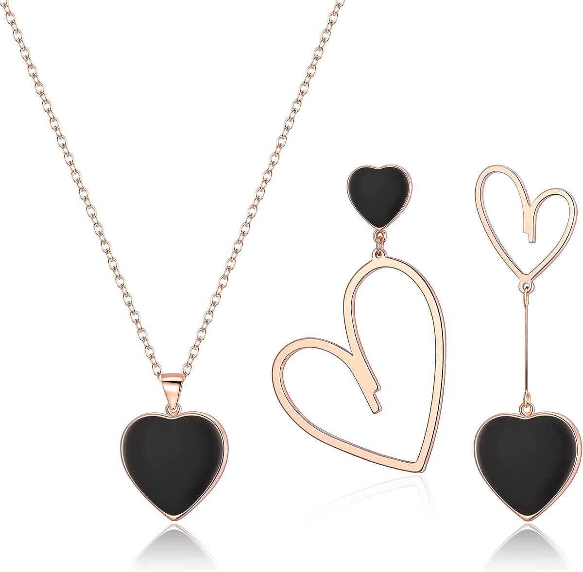 FAITH Hart-sieradenset voor dames, zwart hart, hanger, halsketting en asymmetrische oorbellen, set sieraden, geschenken voor dames, 14K verguld