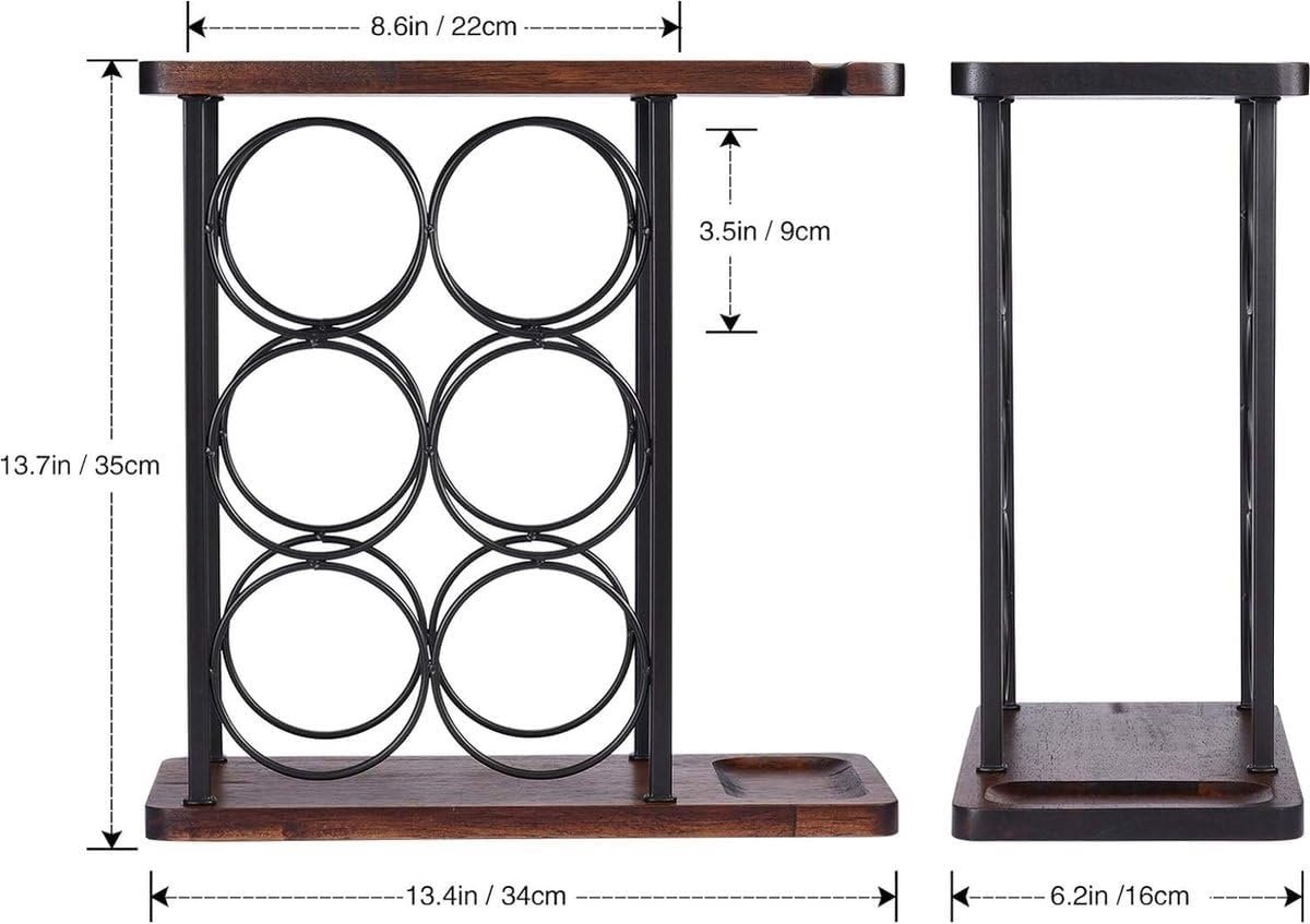 Wijnrek voor 6 flessen - Houten en metalen combinatie - Inclusief glazenhouder - Stijlvolle wijnopslag - SnelShoppen