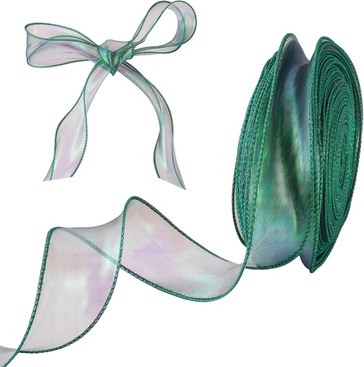 Linten 40 mm polyester tule chiffon lint glinsterend doorschijnend vissenstaartgaren voor geschenkverpakking, strikken bloem bruiloft decor, groenblauw