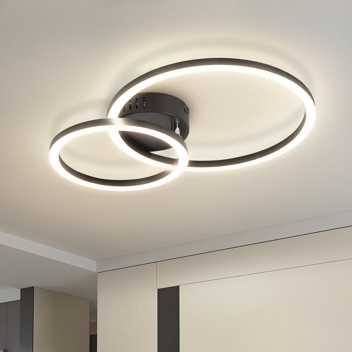 LED-Plafondlamp, Ronde Plafondlamp 23W, 3100LM, Neutraal wit | 4000K, Modern Dubbelringdesign, Ideaal voor hal, Slaapkamer, Keuken en Woonkamer, lengte 40cm, Zwart