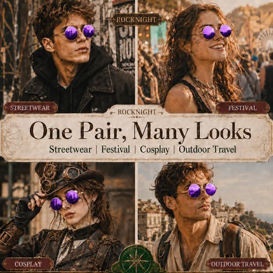 Gothic Steampunk Zonnebril - Unisex Bril - Mode Accessoire - Gekarteld Metalen Frame - 18.11 x 7.59 cm - Goud Paars — afbeelding 4