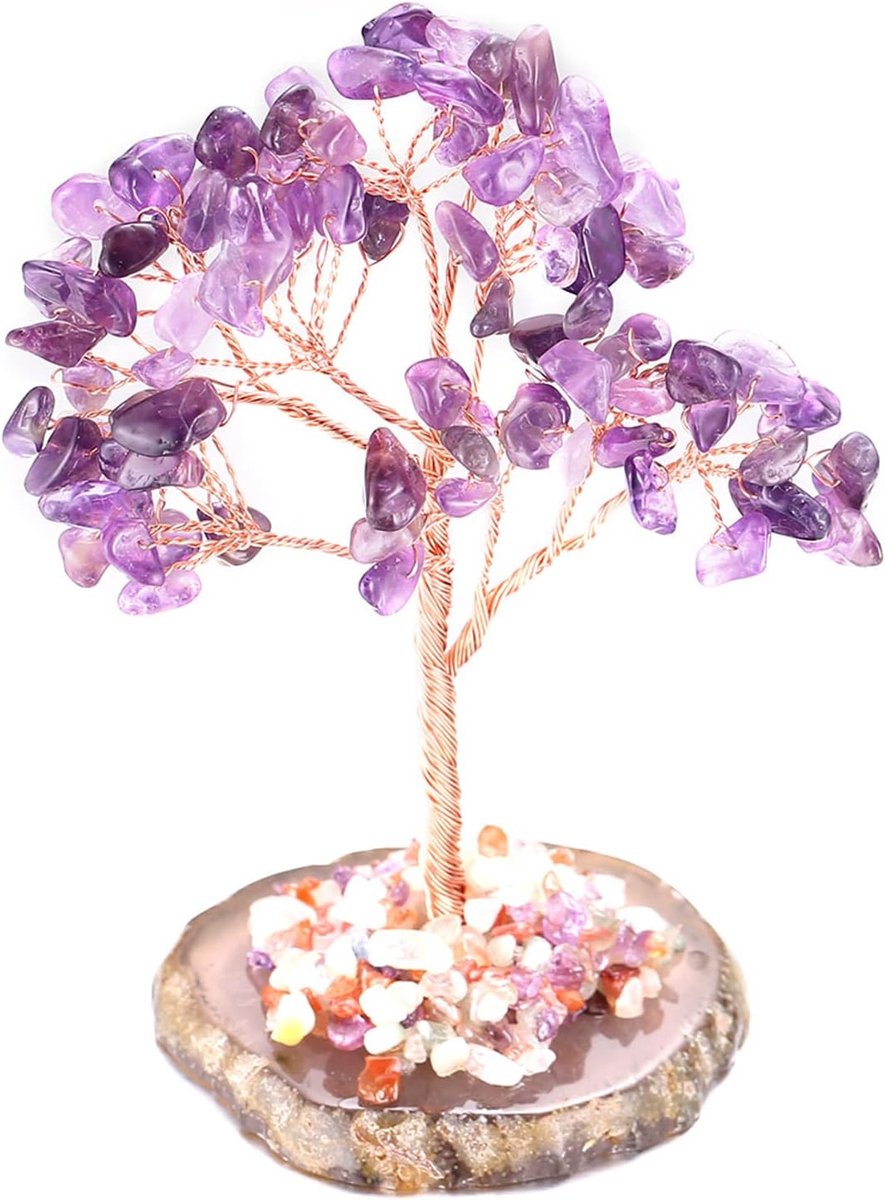 Kristalboom Gezondheid Feng Shui Amethist Quartz Authentieke Edelsteen Levensboom Hand gewikkeld Koperdraad Takken Agaat Basis Klankschaal Gezegend 10 cm Hoog Gegroeid