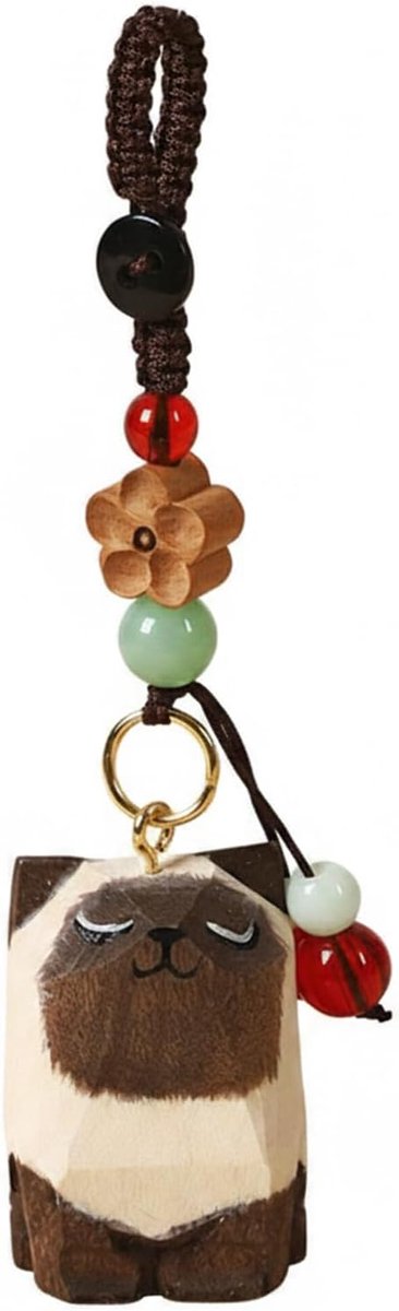 Houten kattensleutelhanger, handgemaakte kattenhanger in Siamese kattenstijl voor tas en autosleutel, natuurlijke sleutelhanger van hout