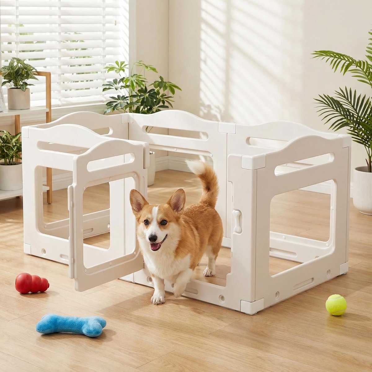 Puppyren van acryl, 60 cm hoog, 5 stuks + 1 box voor hond met deur, roosterloze puppybox, hondenhok voor woning, opvouwbaar, zuignap, indoor hondenkennel voor puppy's, wit