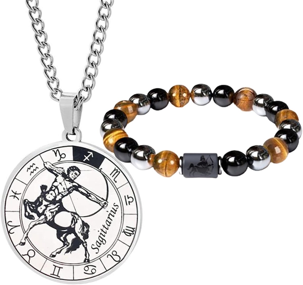 sterrenbeeld halsketting en armband set - sterrenbeeld halsketting roestvrij stalen munthanger elastische parelarmband verjaardagscadeau sieraden
