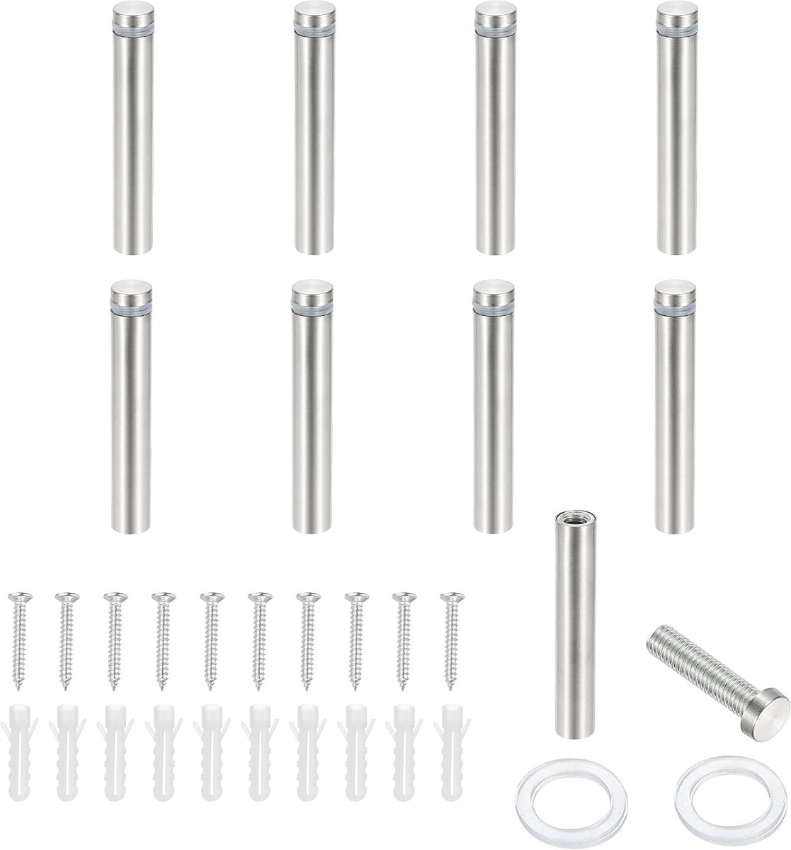 Schroeven, 8 stuks roestvrijstalen standaard wandsteunen wandbord montage hardware reclame standoff nagel voor opknoping acryl borden fotolijst, zilver