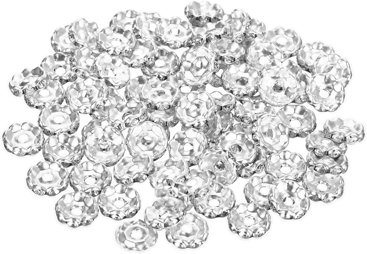 80 stuks ronde afstandhouders, 10 mm, golvend, verzilverd, met kristal, voor doe-het-zelf sieraden, halskettingen, armbanden, hangers, zilverkleurig