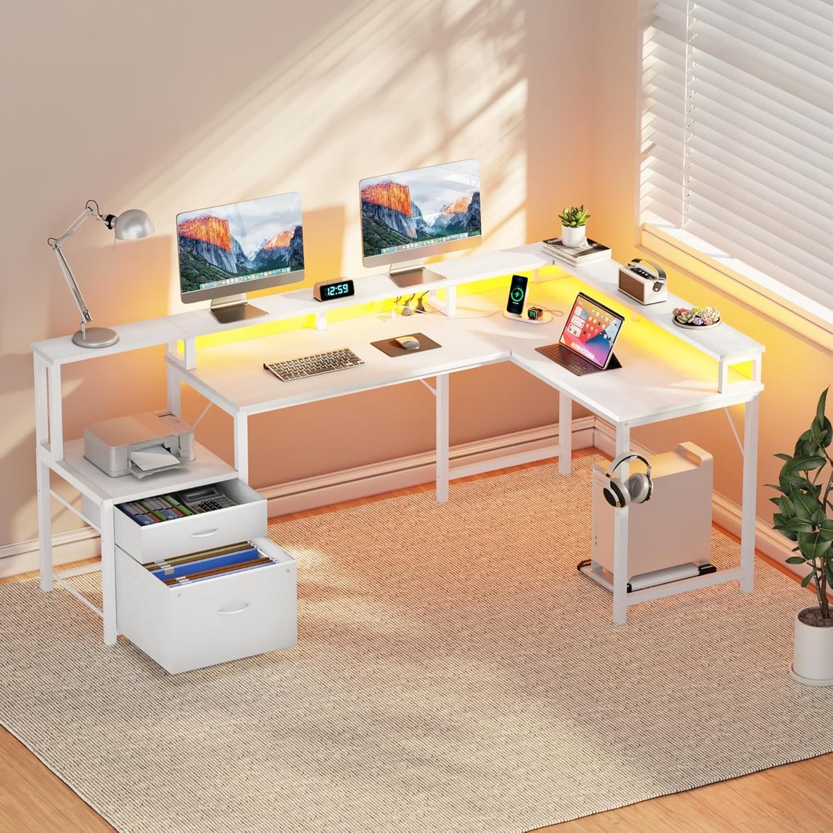 Hoekbureau met laden, L-vormig bureau, 168 x 100 cm, gamingtafel met led-computertafel met stekker en USB-oplaadaansluiting, bureautafel, wit
