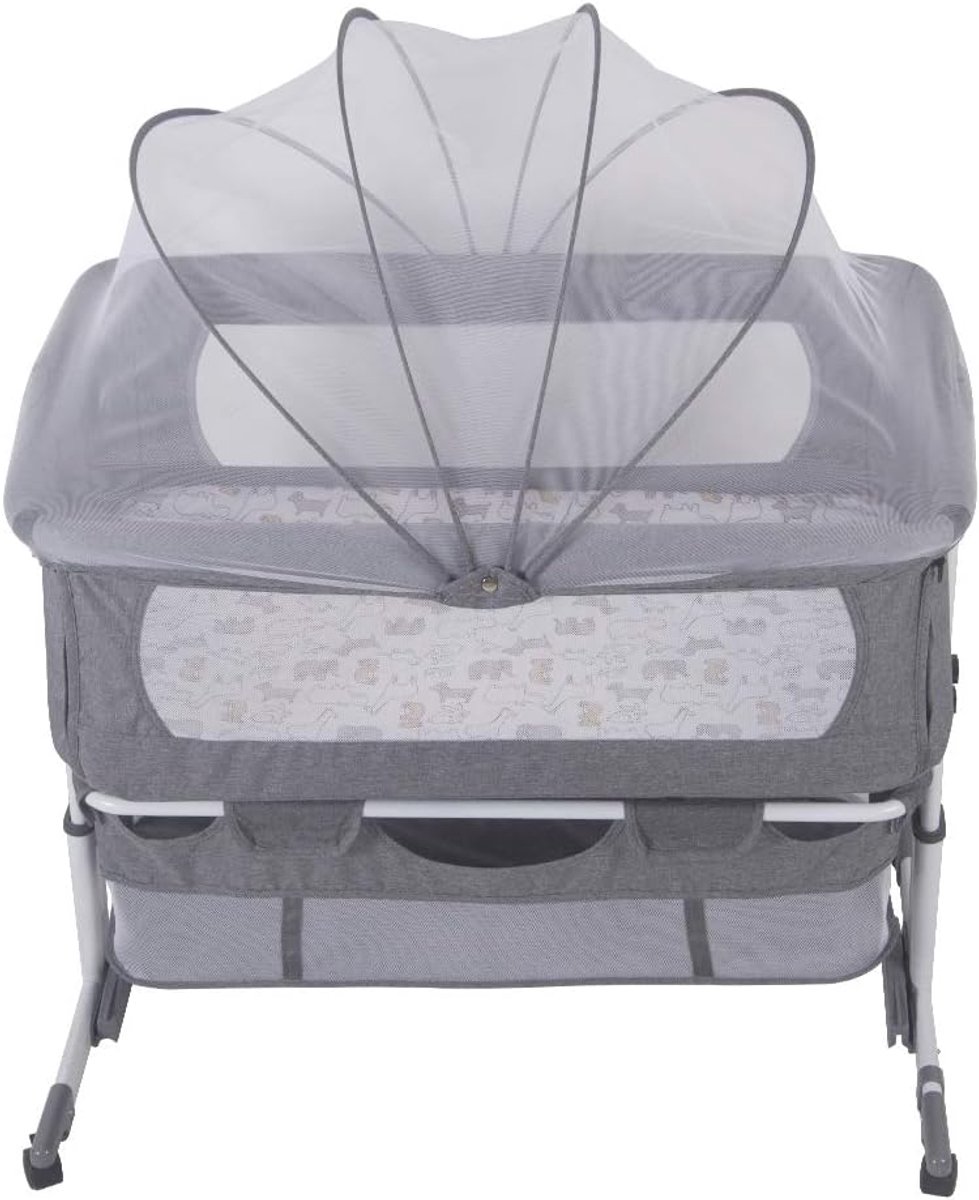 Babybed, cododo-babywieg, opvouwbaar, in hoogte en verstelbaar, matras, 4 draaibare wielen, muggennet, kantelbare wieg (92 x 58 x 70-87 cm, grijs)