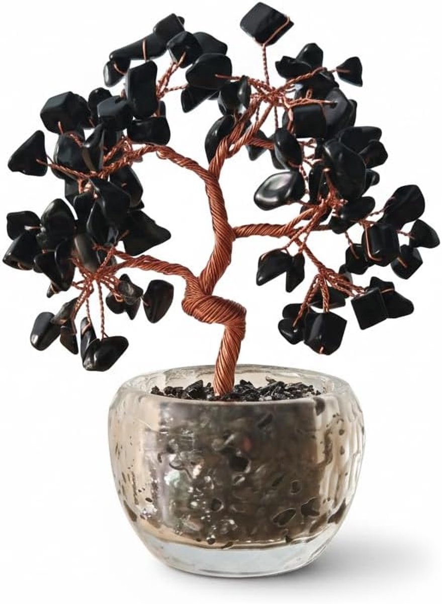 Shui Mini-levensboom van kleurrijk glas, geluksfiguur met geldboomsokkel met verstelbare koperen takken voor woondecoratie (veelkleurige stijl) (zwart/transparant)