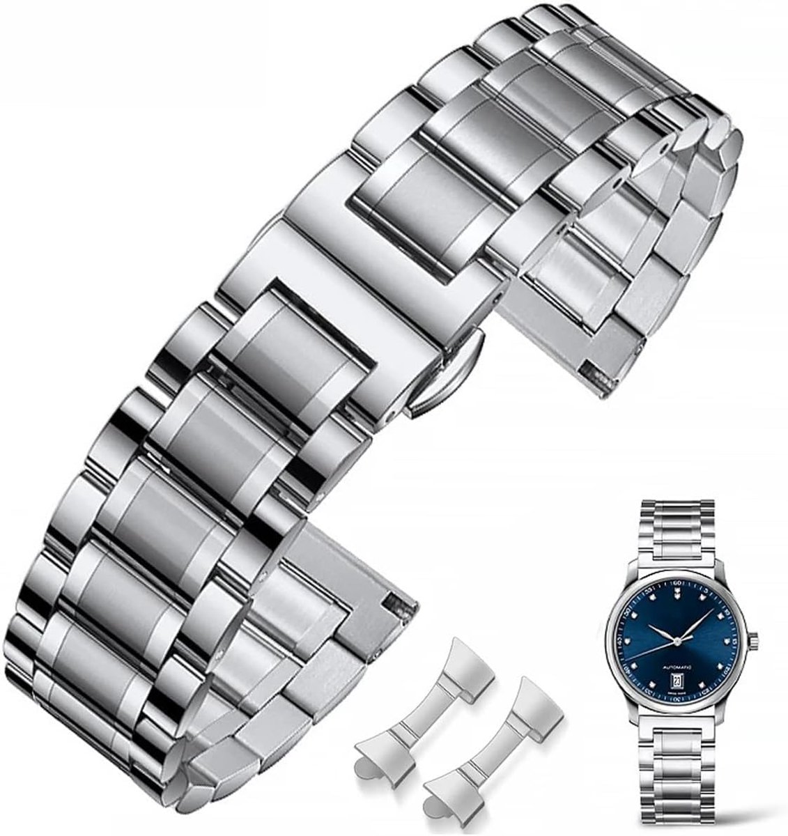 Armband Horlogeband Gemaakt Van Roestvrij Staal 16 18 19 20 21 22 24mm Roestvrij Stalen Horlogeband Dubbele Gesp Zwart of ZZilver Goud