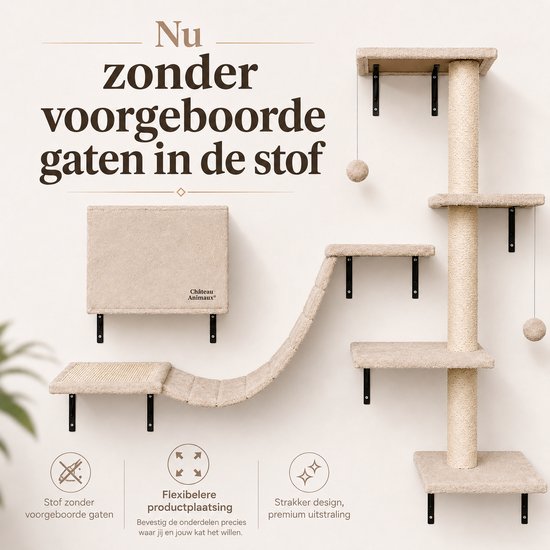 Multifunctionele kattenklimmuur in beige stof, met krabpaal, brug, plateau en muurhuisje. "Nu zonder voorgeboorde gaten in de stof".