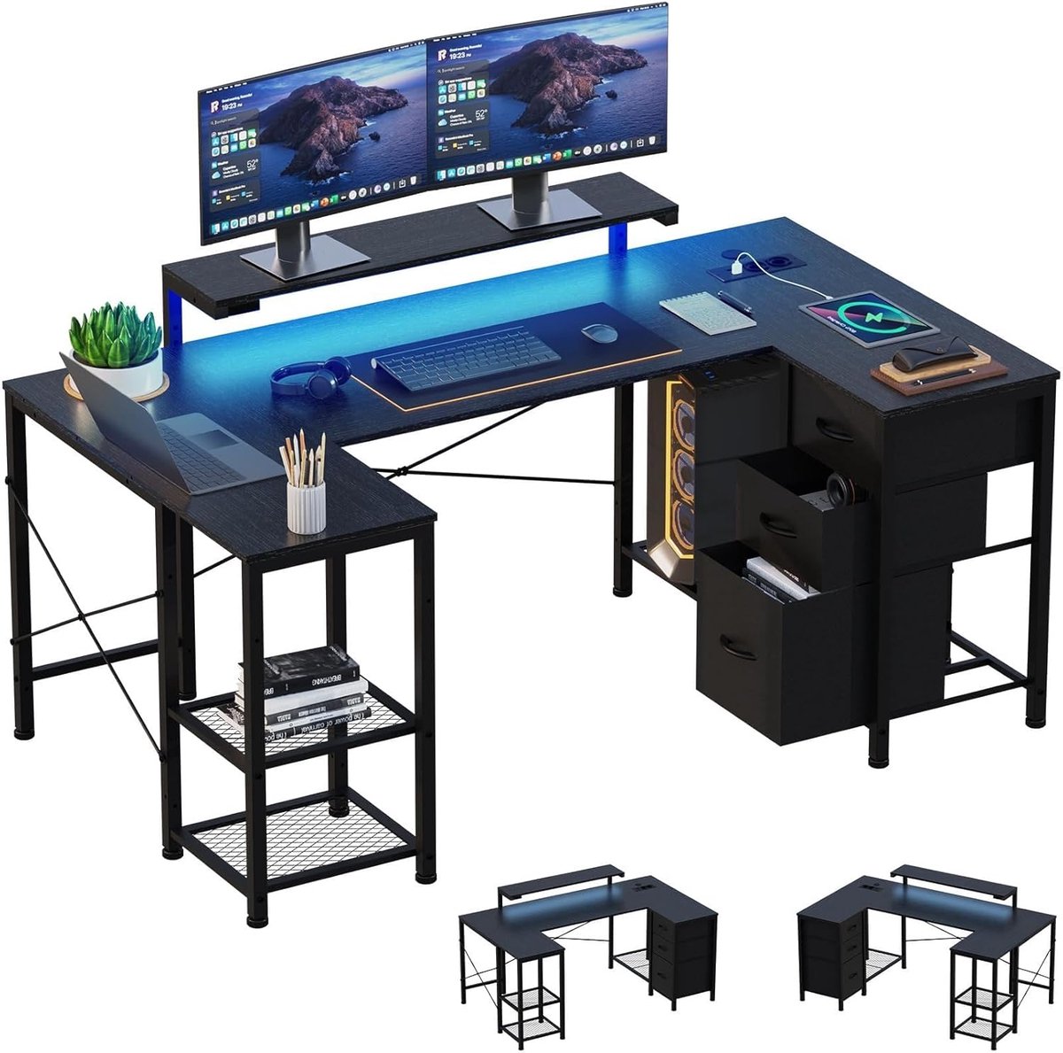 Hoekbureau met laden, 170 x 95 cm, hoekbureau met led en 2 USB-oplaadpoorten en 2 stopcontacten, bureau met in hoogte verstelbare monitorhouder, zwart | RGB-verlichting, dubbele monitor, 3 laden, zijplank, stopcontacten en 2 USB, opslag, complete set