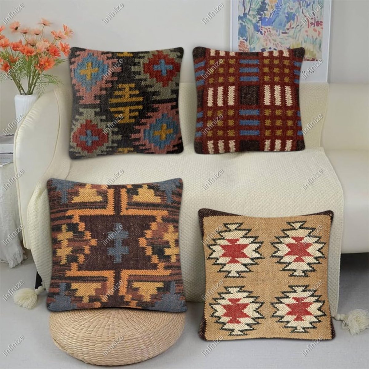Sierkussen 45x45 cm - Wol-Jute - Handgeweven vintage design - Decoratief voor binnen en buiten - SnelShoppen