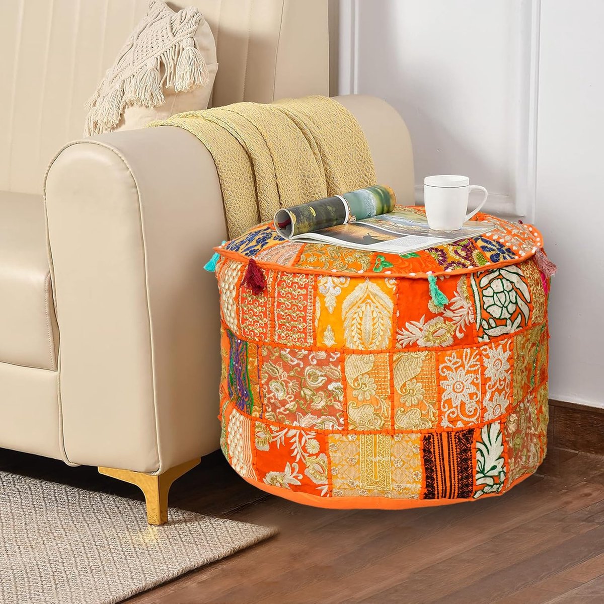 Ottoman Pouf Cover 18"x18" - Patchwork Katoen - Handgemaakt - Ideaal als voetensteun - SnelShoppen