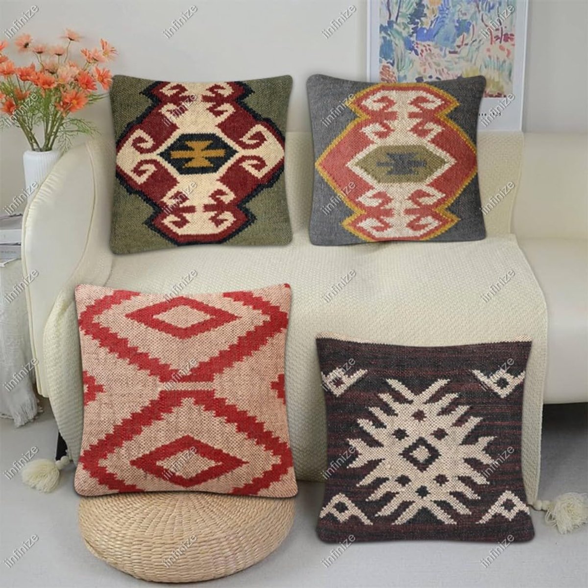 Kussenslopen 45 x 45 cm - Handgeweven wol-jute - Authentiek kelim patroon - Decoratief boho design - SnelShoppen