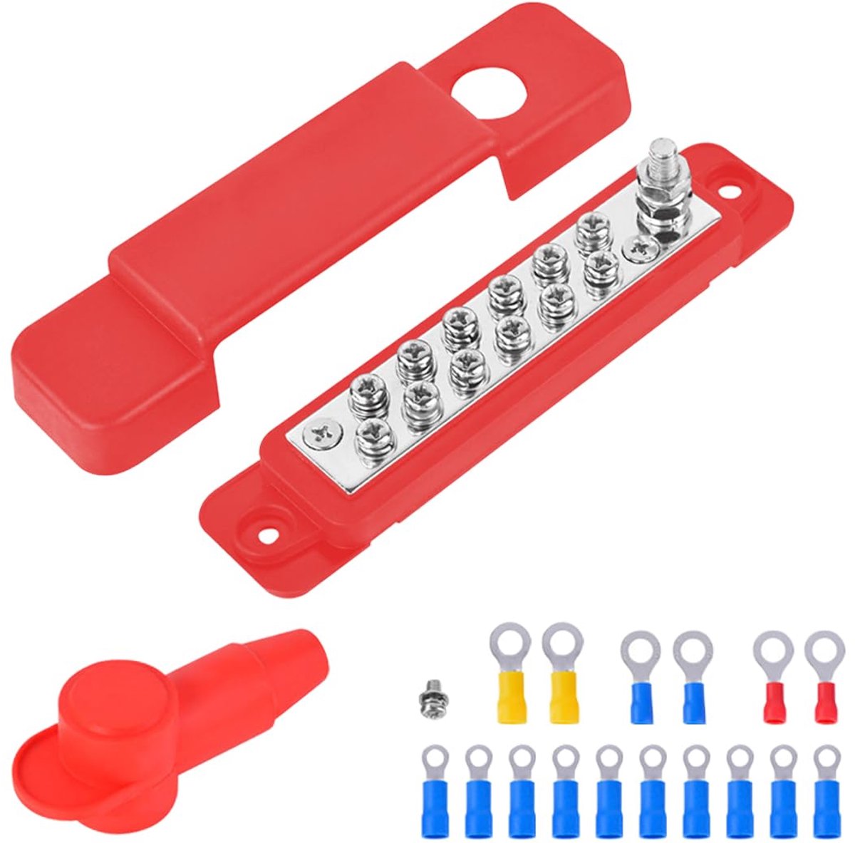 Verdelerblok voor stroomverdeler, 12 V-48 V DC, 150 A, voor auto, boot, camper, boot, caravan (rood)