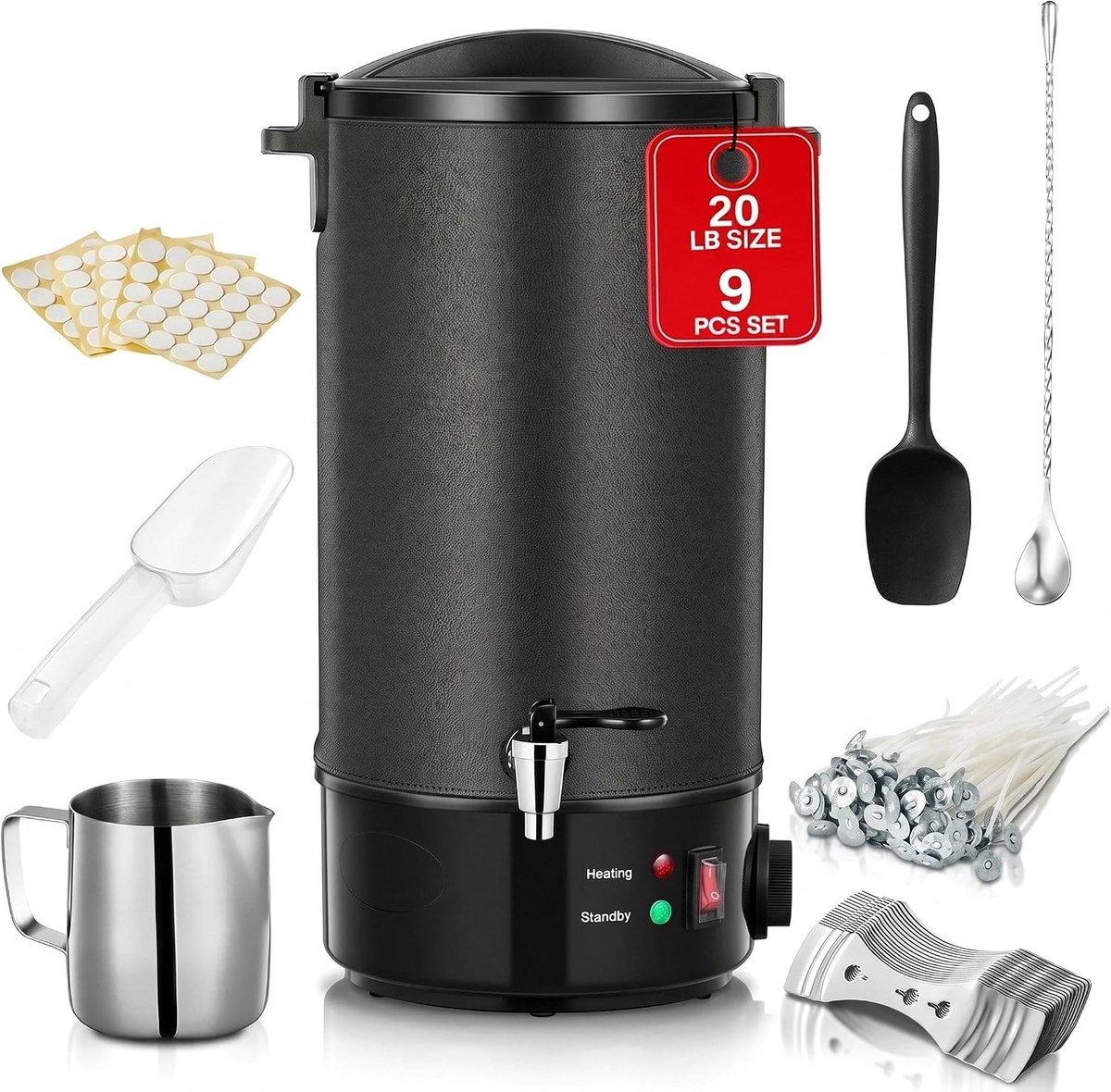 Waxsmeltpot, kaarsen zelf maken, 1520 W, roestvrij staal, kaarsenmaakset, complete set met leren hoes en 28 cm reinigingsspatel voor sojawas, bijenwas, doe-het-zelf geurkaarsen, geschenken