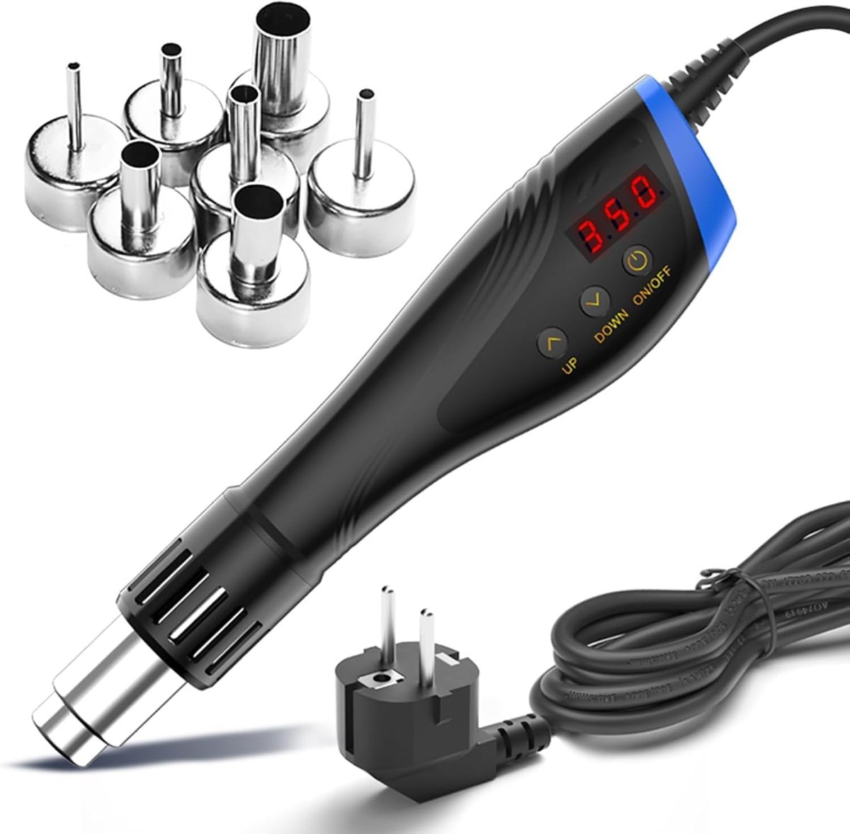 Heteluchtpistool, 600 W, draagbaar lasgereedschapsset, digitaal lcd-display, met 7 soldeermondstukken, SMD SMT, reparatiegereedschap