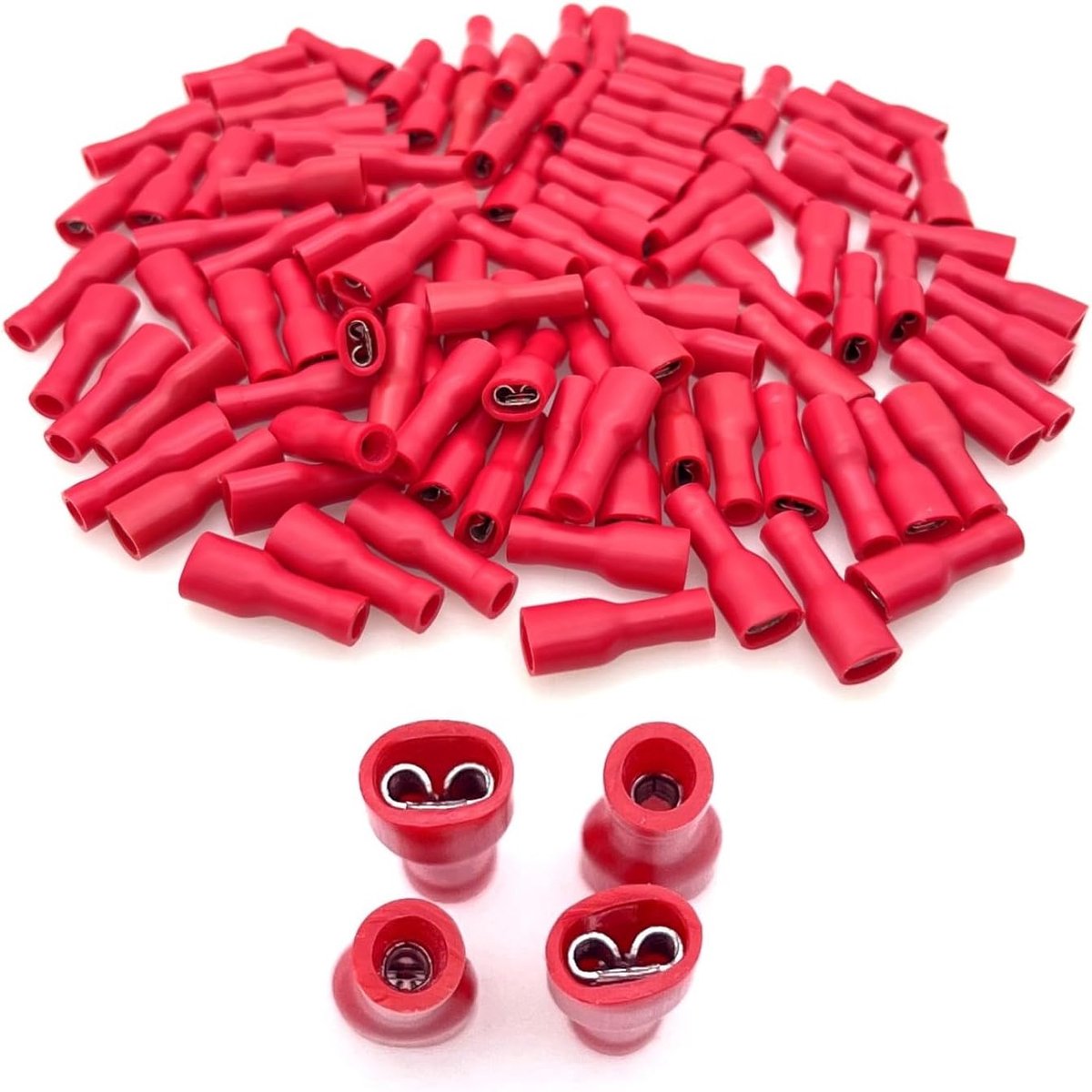 100 stuks 4,8 x 0,5 mm rode snelkoppelingsbus, volledig geïsoleerde push-on-bus krimpklemmen